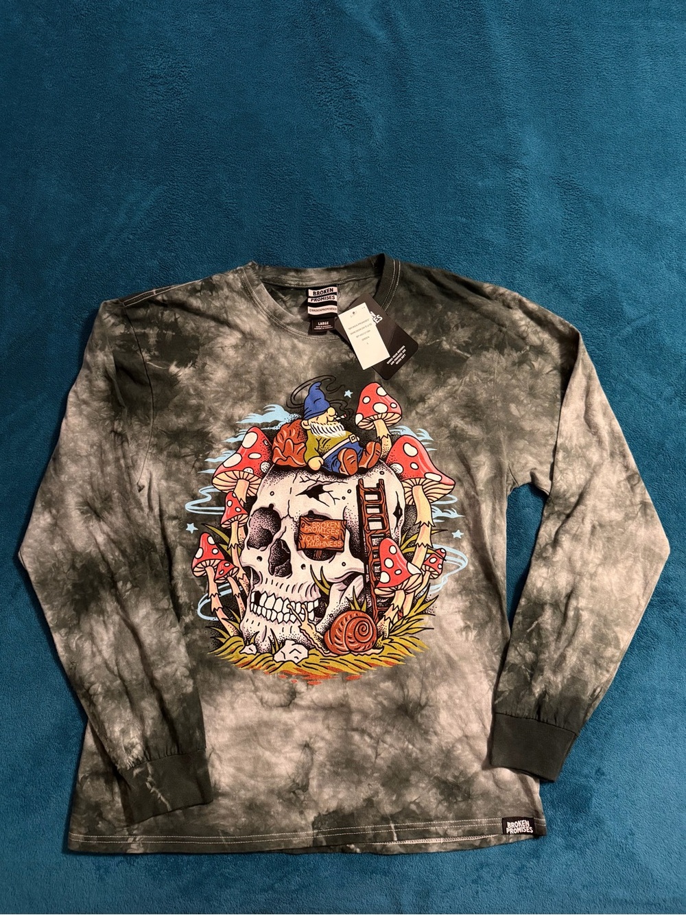Tie-Dye Skull & Mushrooms Long Sleeve Shirt - Black/Gray